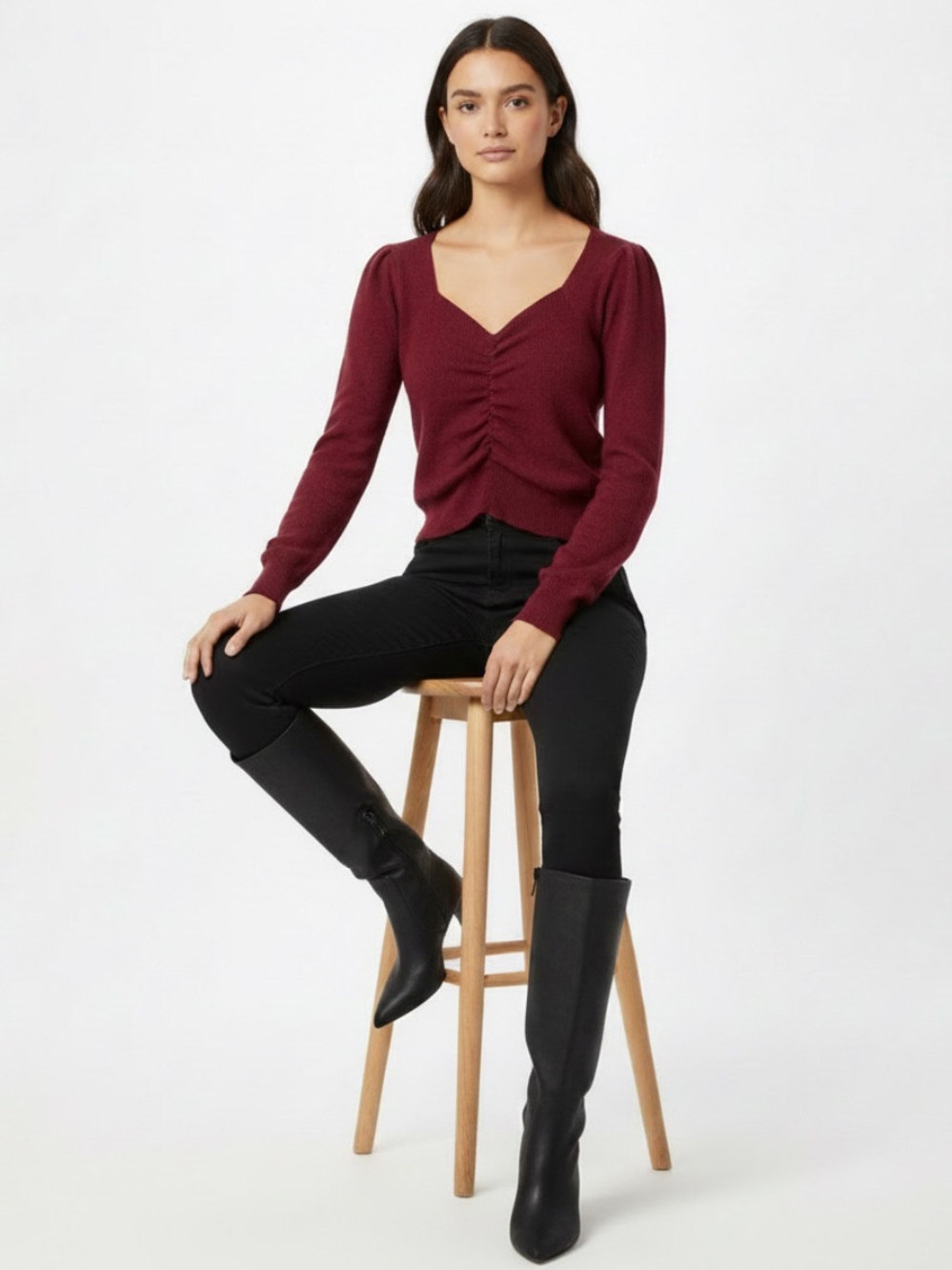 Pretty Garden | burgundy long sleeve crop ruched sweater
